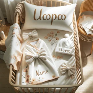 DALL·E 2024 05 11 13.37.09 A cozy nursery scene featuring the UOOPOO personalized name baby pillow cover set. The image should include a beautifully arranged swaddle blanket a 1