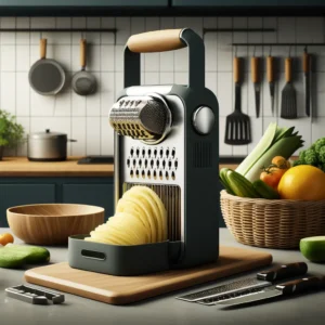 DALL·E 2024 05 11 15.14.31 A modern kitchen scene showcasing the Multifunctional Lemon Grater and Vegetable Slicer. This kitchen tool should be displayed in action slicing vege 1