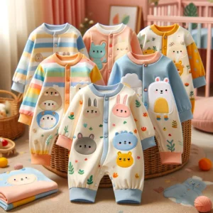 DALL·E 2024 05 11 15.16.21 A charming and colorful scene featuring a variety of baby rompers with cartoon prints. The rompers should be displayed in a playful nursery setting e 1