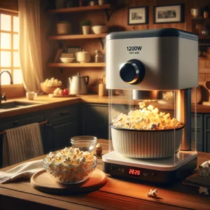 DALL·E 2024 05 11 15.22.38 A cozy kitchen scene featuring the 1200W Mini Popcorn Machine in action. The popcorn maker should be compact and stylish actively popping corn using 1