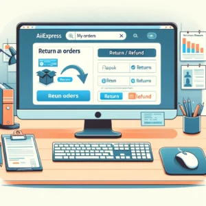 DALL·E 2024 05 11 16.06.41 An illustration showing a step by step guide on how to return an item on AliExpress. The image should depict a computer screen with the AliExpress web 1