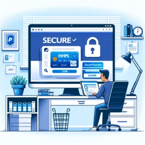 DALL·E 2024 05 11 16.28.32 An illustration depicting a safe and secure online shopping experience. The image should show a person sitting at a computer reviewing a secure websi 1