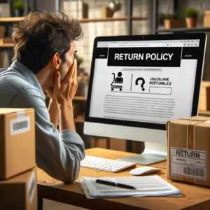 DALL·E 2024 05 11 16.38.22 A confused customer looking at a computer screen with a website open showing an unclear return policy. The setting is a home office with visible pape 1
