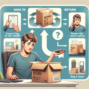 DALL·E 2024 05 11 20.39.40 A detailed and informative illustration showing a step by step guide on how to return a product. The image should depict a customer looking at an open 1