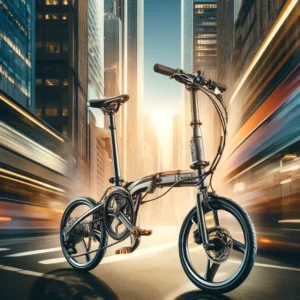 DALL·E 2024 05 12 07.48.32 A dynamic urban scene featuring a Carston 20 Inch folding city bicycle. The bike is compact with a tri fold frame and equipped with a 53T CNC crankse 1