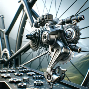 DALL·E 2024 05 12 07.53.13 A realistic and detailed image of the INGRID RD1 rear derailleur compatible with SHIMANO and SRAM 11 speed and 12 speed systems. The scene should show 1
