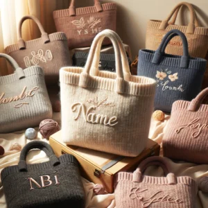 DALL·E 2024 05 12 08.04.51 A stylish and personalized knitted wool tote bag in various solid colors featuring custom embroidery with names or initials. The image shows a variet 1