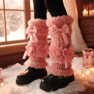DALL·E 2024 05 12 08.12.21 A cozy winter scene featuring a pair of pink plush leg warmers with bows and ruffles in Japanese Harajuku style. The leg warmers are worn over black 1