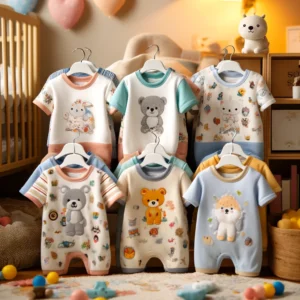 DALL·E 2024 05 12 08.41.26 A cozy and colorful nursery scene featuring a variety of short sleeved baby rompers with cartoon prints. The rompers are made of soft cotton and disp 1