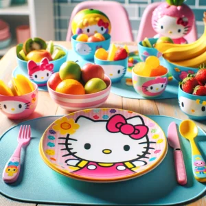 DALL·E 2024 05 12 10.15.28 A colorful and playful dinner setting for children featuring Hello Kitty and My Melody themed dinner plates. The scene includes a bright kid friendly 1