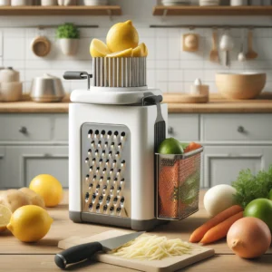 DALL·E 2024 05 12 10.22.54 A modern kitchen scene showcasing a multifunctional lemon grater and vegetable slicer with basket. The kitchen is well lit with various vegetables li 1