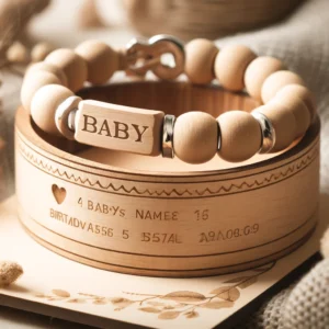 DALL·E 2024 05 15 05.46.51 A personalized wooden birth bracelet designed as a keepsake for newborns. The bracelet should feature elegant engraving on natural wood displaying ba 1