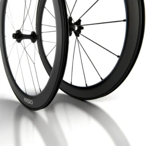 DALL·E 2024 05 15 05.54.31 A set of high performance 6560 Carbon Road Bike Wheels. The wheels should be sleek and designed for speed showing the deep 65mm rims that enhance aer 1