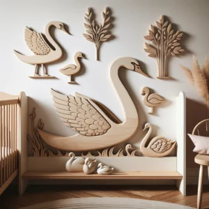 DALL·E 2024 05 15 06.19.51 An elegant wooden swan wall decoration designed for a kids room. The decor should feature beautifully crafted swans and wild geese in a serene and ar 1