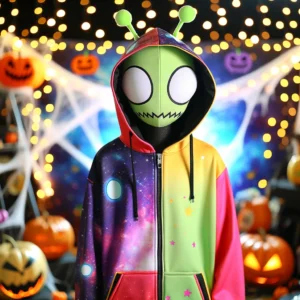 DALL·E 2024 05 15 06.37.05 A stylish Anime Invader Cosplay Costume Coat featuring an Alien Zim design. The hooded zip up hoodie jacket has cute ears on the hood and is worn by s 1
