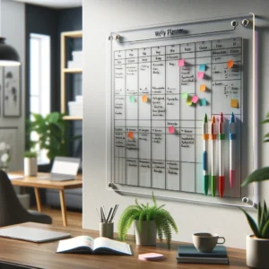 DALL·E 2024 05 15 06.45.14 A modern and stylish clear acrylic dry erase weekly planner mounted on a wall. The planner is neatly organized with colorful markers indicating variou 1