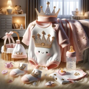 DALL·E 2024 05 15 06.48.01 A cute and stylish baby girl and boy prince and princess hospital exit outfit set. The set includes a romper with a crown design matching socks a ha 1