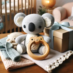 DALL·E 2024 05 15 06.54.14 A handmade crochet animal baby teether toy set featuring a wooden teether with a crochet koala stuffed doll a muslin blanket and a gift box. The set 1