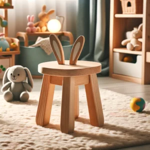 DALL·E 2024 05 15 06.57.54 A cute and functional small wooden stool with rabbit ears designed for childrens rooms. The stool is made of high quality solid wood and has a playf 1