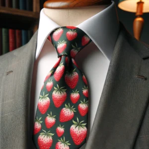 DALL·E 2024 05 15 07.09.07 A stylish unisex polyester necktie with a strawberry print designed for both formal and casual outfits. The necktie is displayed on a suit highlight 1