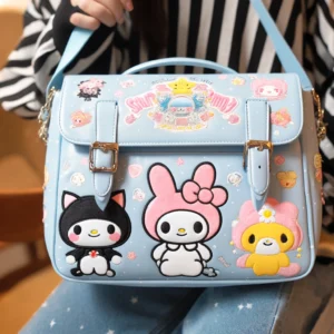 DALL·E 2024 05 15 07.30.58 A cute Sanrio Kawaii PU messenger bag featuring characters like Cinnamoroll Kuromi and My Melody. The bag is stylish and colorful designed in a Jap 1