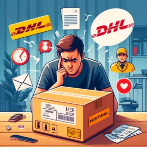 DALL·E 2024 05 15 08.09.47 A frustrated customer looking at a delivery box without a name and address with PostNL and DHL logos in the background. The scene should depict the c 1