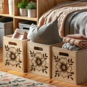 DALL·E 2024 05 16 05.03.42 A set of stylish wooden storage labels with flower designs perfect for organizing a bedroom or Trofast storage system. The labels are neatly attached 1