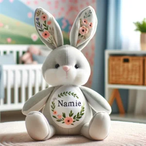 DALL·E 2024 05 16 06.43.57 A personalized 30cm bunny plush toy with a flower design perfect for baby girls or as a big sister gift. The toy is soft and cuddly with the name of 1