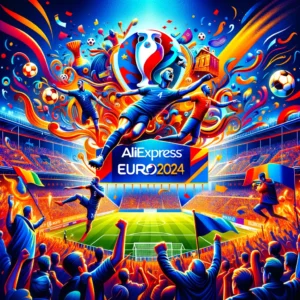 DALL·E 2024 05 17 06.39.26 A vibrant and energetic image celebrating the partnership between AliExpress and the UEFA Euro 2024. The image features a combination of football elem 1
