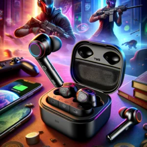 DALL·E 2024 05 17 07.57.52 A set of stylish TWS M90 wireless gaming earbuds with Bluetooth featuring a sleek and modern design. The earbuds are shown with a charging case micr 1