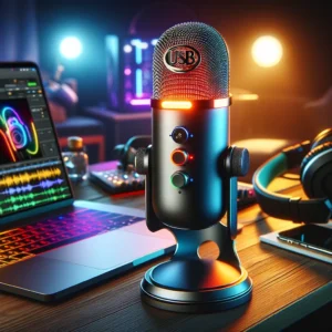 DALL·E 2024 05 17 08.05.54 A high quality USB RGB microphone designed for podcast recording and gaming. The microphone features a sleek modern design with integrated RGB lighti 1