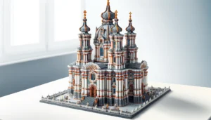 DALL·E 2024 05 19 07.26.59 A detailed image of a completed model of the Smolny Church made from 3737 building blocks. The model showcases intricate architectural details and vib 1