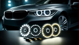 DALL·E 2024 05 19 07.34.40 A set of crystal LED Angel Eyes for BMW cars. The image shows the LED halo rings installed on a BMW headlight highlighting the bright and stylish ill 1