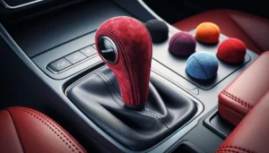 DALL·E 2024 05 19 07.44.59 A sleek and stylish Alcantara gear shift knob cover for Volvo cars. The cover is shown in various colors black red wine red blue and orange. The 1