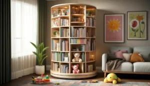 DALL·E 2024 05 19 07.49.15 A modern space saving revolving bookshelf for children featuring multiple layers 2 3 4 5 6 in a stylish room. The bookshelf is filled with co 1