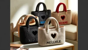 DALL·E 2024 05 19 08.00.16 A stylish and elegant solid color knitted wool tote bag for women. The bag is shown in various colors such as black red and beige. It features a ret 1