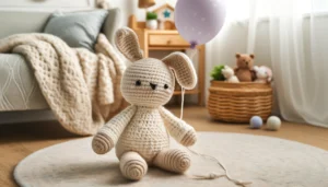 DALL·E 2024 05 19 08.03.24 A cute and handmade crochet animal rabbit plush toy with a balloon. The rabbit is 15cm in size designed with intricate crochet patterns and has a so 1