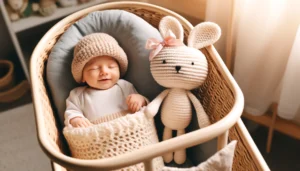 DALL·E 2024 05 19 08.54.19 A cute handmade knitted baby stuffed bear toy along with a bunny plush toy. These toys are designed for newborns and feature a soft comforting appea 1