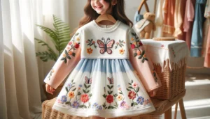 DALL·E 2024 05 19 09.02.48 A fashionable summer dress for girls featuring embroidered flowers and butterfly details. The dress is bicolor with long sleeves designed for ages 4 1