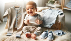 DALL·E 2024 05 20 05.06.00 A cute and comfortable newborn baby boy outfit set including a bodysuit shirt and pants made from real cotton. The scene is set in a cozy nursery 1