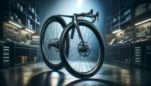 DALL·E 2024 05 20 05.32.30 A high performance 700C carbon depth 6560 road bike wheelset featuring both V brake and disc brake options. The scene shows the sleek wheels installe 1
