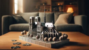 DALL·E 2024 05 20 05.37.46 A detailed and intricate 3D metal puzzle of the Notre Dame Cathedral in Paris assembled and displayed. The scene shows the puzzle in a well lit cozy 1