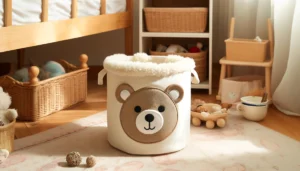 DALL·E 2024 05 20 08.10.59 A cute and practical embroidered bear head canvas storage basket with lamb hair suitable for storing toys snacks and other small items. The scene s 1