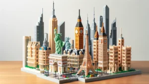 DALL·E 2024 05 20 08.24.47 City Architecture mini building blocks set featuring world famous architectural models. The scene shows a detailed and colorful assembly of iconic str 1