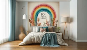 DALL·E 2024 05 21 05.25.42 A cozy and stylish bedroom with a Fabric Boho Watercolor Rainbow Fabric Wall Mural seamlessly applied on one wall. The mural features a colorful and a 1
