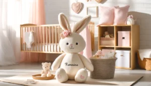 DALL·E 2024 05 21 05.50.07 A cozy and inviting scene featuring a personalized 30cm bunny plush toy. The toy is soft and cuddly perfect as a gift for a baby girl or as a big sis 1
