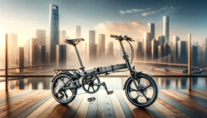 DALL·E 2024 05 21 05.52.49 A stylish and portable 20 inch folding city bicycle with a 9 speed dual V brake system CRMO tri fold frame and 53T CNC crankset. The bike is shown i 1