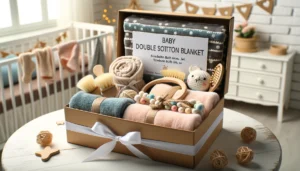 DALL·E 2024 05 21 05.56.34 A cozy and inviting scene featuring a Baby Double Sided Cotton Blanket Newborn Bath Set Gifts Box. The set includes a wooden crochet rattle brushes 1