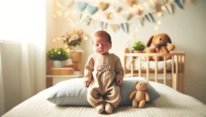 DALL·E 2024 05 21 06.56.33 A cozy and inviting scene featuring a newborn baby boy or girl wearing a cute sweet jumpsuit. The jumpsuit is made of long sleeve cotton ideal for n 1