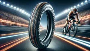 DALL·E 2024 05 21 07.54.27 A high quality Vittoria Victoria Rubino Pro 3 Road Tire displayed in a dynamic and sporty setting. The tire is showcased prominently emphasizing its 1